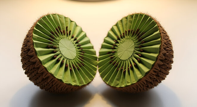 Origami kiwi fruit opened in two parts, revealing the inner paper layers