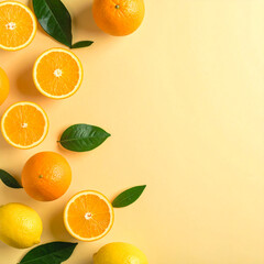 Tropical summer pattern with juicy oranges, citrus slices, and green leaves on pastel 