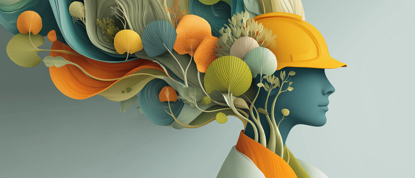 Woman with hard hat and natural elements symbolizes innovation and sustainability in industry - Powered by Adobe