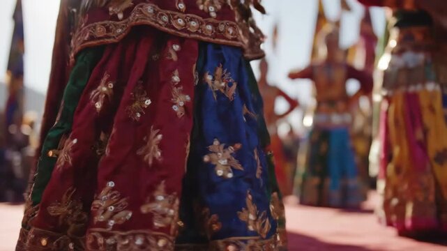Woman in colorful traditional Indian lehenga skirt dancing at a festival.