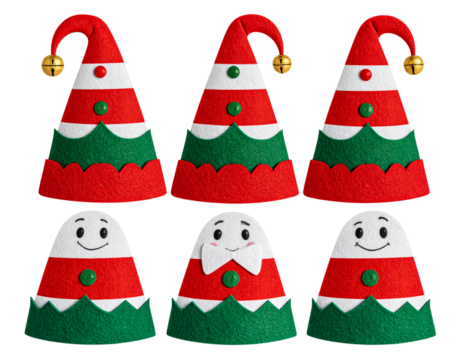 Front View of Colorful Cartoon Elf Hats with Jingle Bells, Whimsical Christmas Collection, Isolated on Transparent Background
