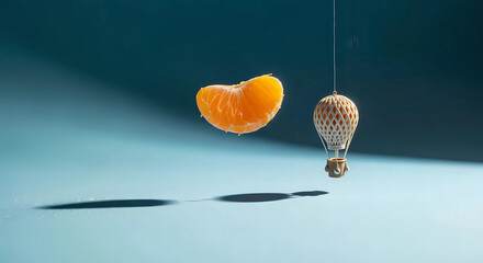 A single mandarin orange slice floats in the air next to a decorative light bulb
