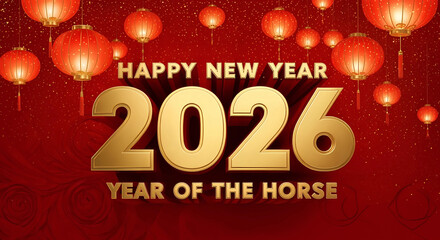 Happy new year 2026 year of the horse with red lanterns and gold text