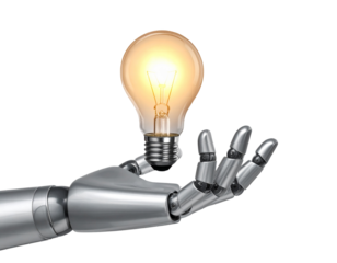 Front View of Robot Hand Holding Glowing Light Bulb, Artificial Intelligence Innovation Concept, Isolated on Transparent Background