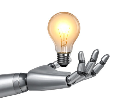  Front View of Robot Hand Holding Glowing Light Bulb, Artificial Intelligence Innovation Concept, Isolated on Transparent Background