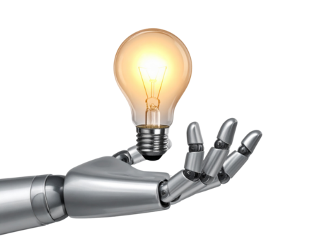  Front View of Robot Hand Holding Glowing Light Bulb, Artificial Intelligence Innovation Concept, Isolated on Transparent Background