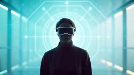 Woman using AR glasses experiencing a futuristic data interface
