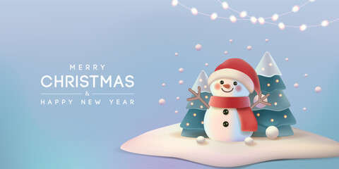 Merry Christmas Banner with Snowman and  Tree. Vector illustration.