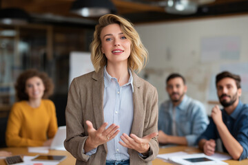Confident businesswoman leading a meeting, gesturing and engaging with her team in the office