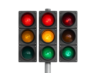  Front View of Traffic Signal Light with Red, Yellow, and Green Lights, Urban Road Safety Concept, Isolated on Transparent Background