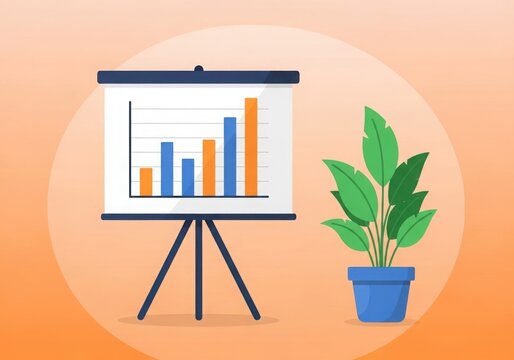 Flat design flip chart with growth bar graph and potted plant presentation