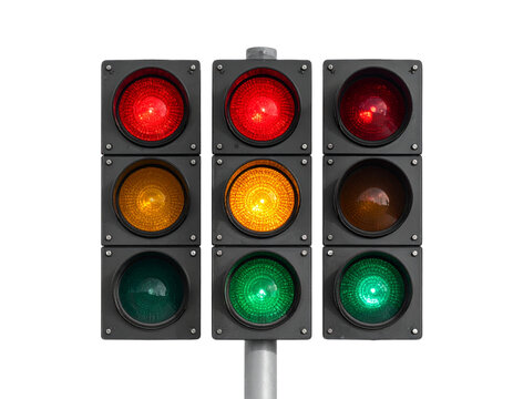  Front View of Traffic Signal Light with Red, Yellow, and Green Lights, Urban Road Safety Concept, Isolated on Transparent Background