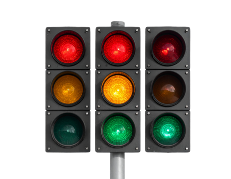  Front View of Traffic Signal Light with Red, Yellow, and Green Lights, Urban Road Safety Concept, Isolated on Transparent Background