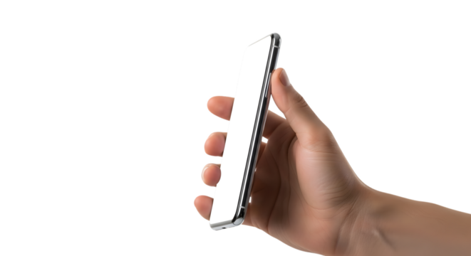 Hand holding a smartphone isolated on transparent background