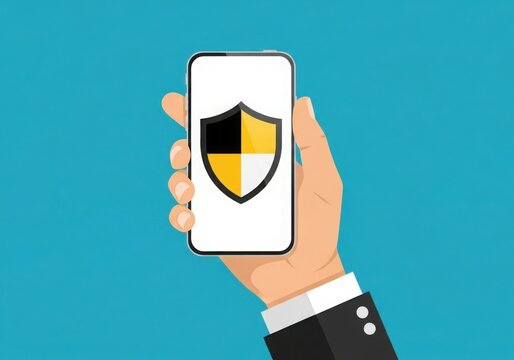 Hand holding smartphone with shield icon for digital security and protection concept