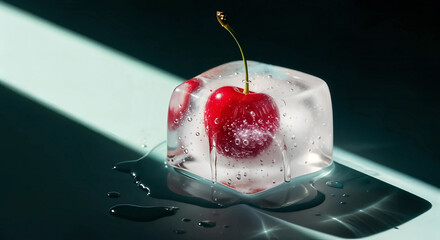 A single ripe cherry frozen inside a melting ice cube with dramatic lighting