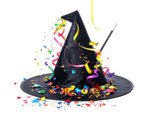 Front View of Wizard Hat Releasing Colorful Confetti with Magic Wand, Festive Celebration Concept, Isolated on Transparent Background