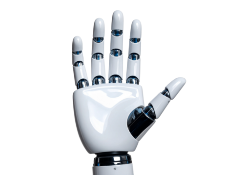 Futuristic White Robotic Hand with Blue Accents in Open Gesture, Symbolizing Innovation and Technology, Isolated on Transparent Background - Powered by Adobe