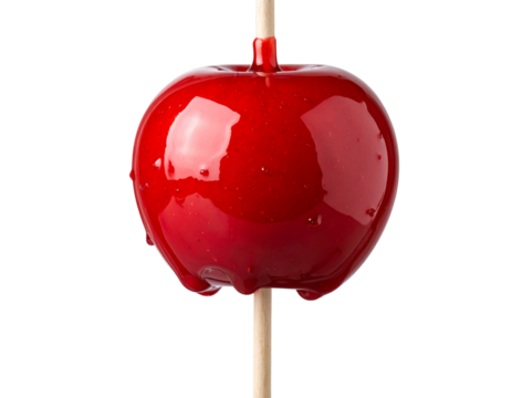 Glossy Red Candy Apple on Stick, Front View, Isolated on Transparent Background