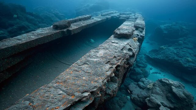 Underwater Ancient stone sarcophagus with lid in ocean, cinematic shot
