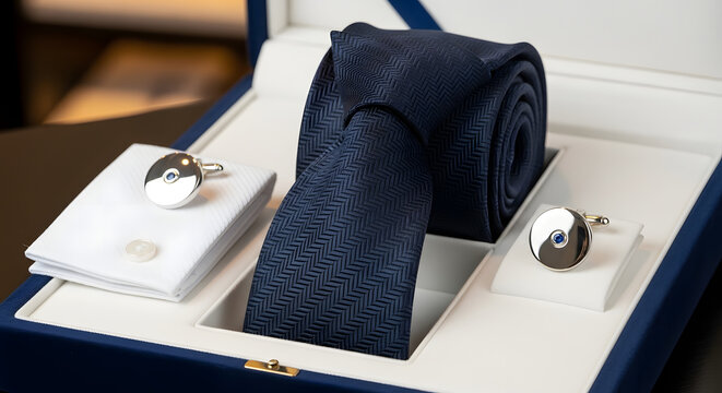 Men's classic accessory gift set with a dark blue necktie, blue stone cufflinks, and a white pocket square beautifully arranged in a presentation box