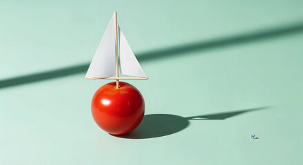 A small toy sailboat with a white sail perched on a ripe red tomato