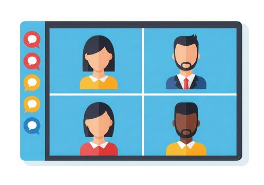 Flat design video conference app screen showing diverse people connecting remotely