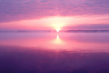pink and purple sunset casting dreamlike glow over foggy lake, merging sky and water