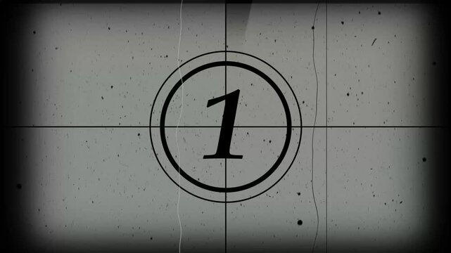 Vintage, old, projected film head leader with Realtime countdown clock. 5 to 0 second vintage old film countdown timer and damage Fream effect animation.