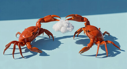 Two orange crabs facing each other with a small cloud between them on a blue background