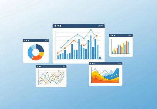 Collection of modern flat design business charts and graphs on a blue gradient background