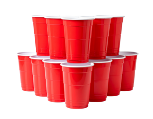  Red Solo Cups Pyramid Stack for Beer Pong Game, Front View, Isolated on Transparent Background