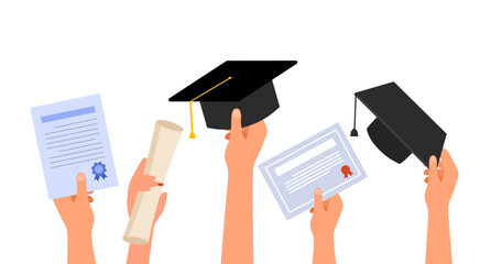 Set of hands holding diplomas, mortarboard hats and certificates, graduation celebration in flat design. Happy students celebrating graduate from college, university