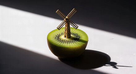 A miniature windmill is placed on a slice of kiwi fruit, casting a shadow
