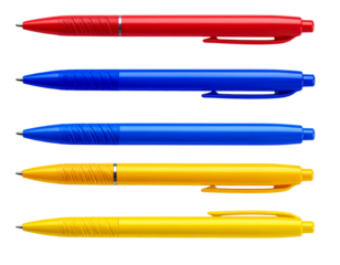  Set of Open and Closed Ballpoint Pens in Assorted Colors, Realistic Mockup Style, Isolated on Transparent Background