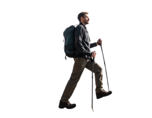 Side Profile of Hiker Walking with Backpack and Trekking Poles, Action Outdoor Concept, Isolated on Transparent Background