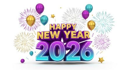 Obraz premium Happy New Year 2026 Banner with Gold, Silver, and Blue BalloonsLuxury Holiday Greeting Card with Confetti and Ribbons2026 Celebration with Metallic Balloons and Festive Typography