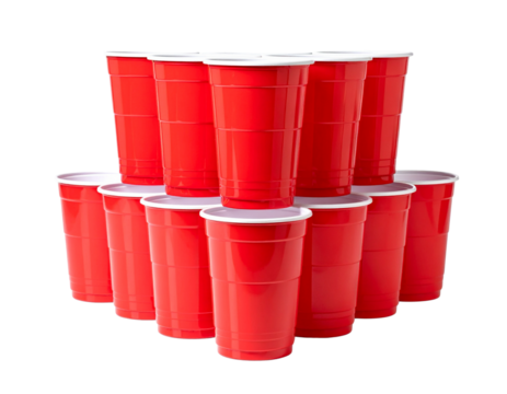  Red Solo Cups Pyramid Stack for Beer Pong Game, Front View, Isolated on Transparent Background