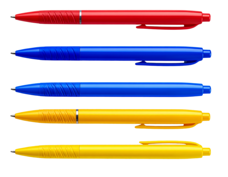  Set of Open and Closed Ballpoint Pens in Assorted Colors, Realistic Mockup Style, Isolated on Transparent Background