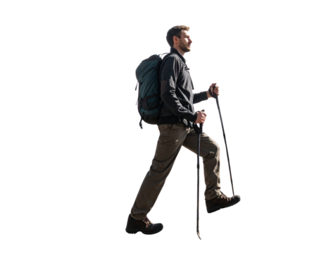 Side Profile of Hiker Walking with Backpack and Trekking Poles, Action Outdoor Concept, Isolated on Transparent Background