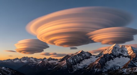 Stunning Lenticular Clouds Hovering Over Snow Capped Mountain Range at Sunset