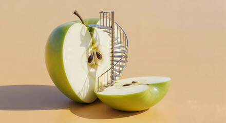 A spiral staircase emerges from a sliced green apple, symbolizing growth and discovery