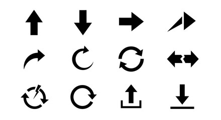 Collection of black arrow icons pointing in various directions isolated on white background