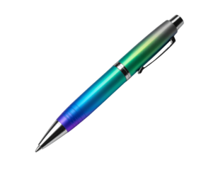 Single Ballpoint Pen with Gradient Rainbow Body, Front Diagonal View, Isolated on Transparent Background