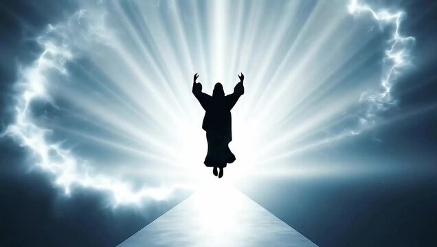 Animated silhouette of Jesus Christ ascending into a blinding, divine light with dramatic lightning.