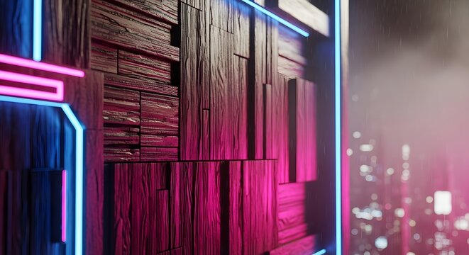Cyberpunk Wood Wall Panel with Vibrant Neon Light Accents and Cityscape Backdrop
