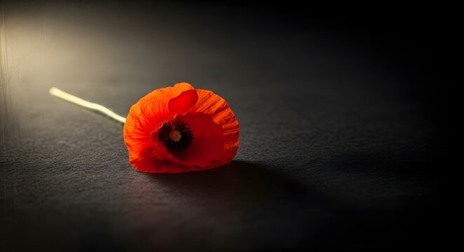 Single vibrant red poppy rests on dark textured surface casting subtle shadow evoking remembrance and solemnity