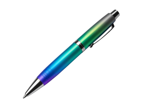 Single Ballpoint Pen with Gradient Rainbow Body, Front Diagonal View, Isolated on Transparent Background