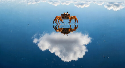 A surreal image of a crab on a cloud reflected in the water, with birds on its back
