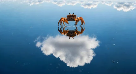 Tableau sur plexiglas Réflexion A surreal image of a crab on a cloud reflected in the water, with birds on its back  © KUSUM
